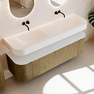 MONDIAZ THOR 160cm meuble de salle de bains arrondi gauche + droite couleur Dusk avec 1 tiroir et 2 portes. Vasque suspendue CLOUD Double sans trou de robinet couleur Talc.