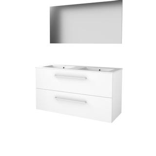 Basic-Line Basic 46 ensemble de meubles de salle de bain 120x46cm avec poignées 2 tiroirs lavabo en porcelaine 2 trous de robinetterie miroir mdf laqué blanc glacier