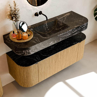 MONDIAZ THOR-DLUX Meuble de salle de bains 130cm arrondi gauche + droite couleur Oak avec 1 tiroir et 2 portes. Vasque suspendue CLOUD Milieu sans trou de robinet couleur Lava.