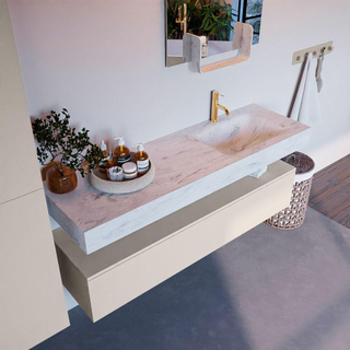 Mondiaz ALAN-DLUX Ensemble de meuble - 150cm - meuble Linen mat - 1 tiroir - Lavabo Cloud Opalo suspendu - vasque Droite - 1 trou de robinet