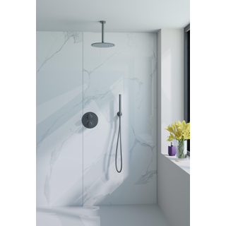 FugaFlow Eccelente Acces Inbouw Regendoucheset - rond - thermostatisch - plafondarm - 25cm hoofddouche - staaf handdouche - gladde doucheslang - Geborsteld Gunmetal PVD