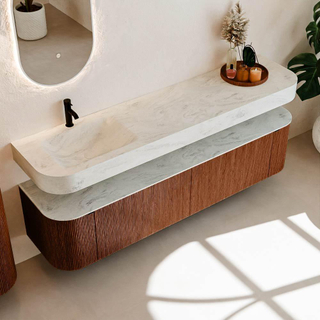 MONDIAZ THOR-DLUX Meuble de salle de bains - 190cm - arrondi gauche + droite - couleur Ruby - 2 tiroirs - 2 portes - Vasque suspendue CLOUD Gauche 1 trou de robinet couleur Opalo