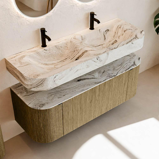 MONDIAZ THOR-DLUX 130cm meuble de salle de bains arrondi gauche + droite couleur Dusk avec 1 tiroir et 2 portes. Vasque suspendue CLOUD Double 2 trous de robinet couleur Glace.