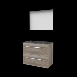 Basic-Line Ultimate 46 ensemble de meubles de salle de bain 80x46cm avec poignées 2 tiroirs lavabo en pierre dure 0 trous de robinetterie miroir éclairage mfc scotch oak