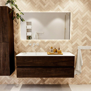 Mondiaz VICA ensemble de meuble de salle de bain - 130cm - meuble sous-vasque marron foncé - 2 tiroirs - lavabo cloud gauche - sans trous de robinet - couleur talc - miroir LED - version XL 60cm de haut