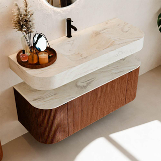 MONDIAZ THOR-DLUX 120cm meuble de salle de bains arrondi gauche + droite couleur Ruby avec 1 tiroir et 2 portes. Vasque suspendue CLOUD Milieu 1 trou de robinet couleur Ostra.