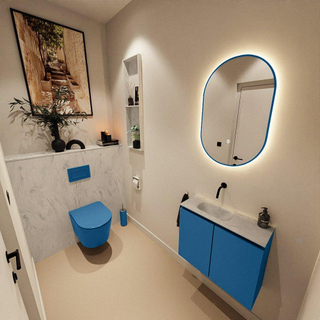 MONDIAZ TURE-DLUX Meuble toilette - 60cm - Jeans - EDEN - vasque Opalo - position gauche - sans trou de robinet
