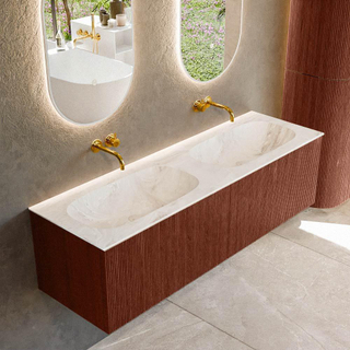 Mondiaz KURVE-DLUX Ensemble de meuble salle de bain - 150x46x40cm - 2 tiroirs - lavabo en solid surface - double - sans trou de robinet - Ruby