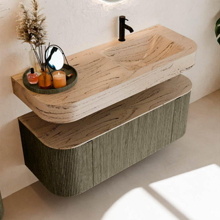 MONDIAZ THOR-DLUX 120cm meuble de salle de bains arrondi gauche + droite couleur Shadow avec 1 tiroir et 2 portes. Vasque suspendue CLOUD Droite 1 trou de robinet couleur Arena.