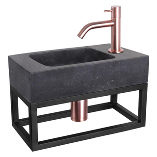 Differnz Force Set lave-mains 40x22x8cm 1 trou avec robinet courbé et siphon + bonde cuivre rose Rectangulaire Pierre naturelle Noir