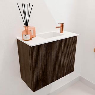 Mondiaz JOYA 50cm toiletmeubel - kleur Walnut - Wastafel FAYE positie Rechts 1 kraangat kleur Talc.