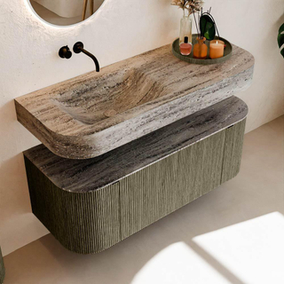 MONDIAZ THOR-DLUX Meuble de salle de bains 120cm arrondi gauche + droite couleur Shadow avec 1 tiroir et 2 portes. Vasque suspendue CLOUD Gauche sans trou de robinet couleur Oza.