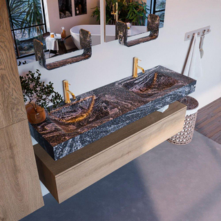 MONDIAZ ALAN - DLUX Badkamermeubelset - 150cm - onderkast - Washed Oak - 1 lade - vrijhangende wastafel - 2 wasbakken - 2 kraangaten - Lava