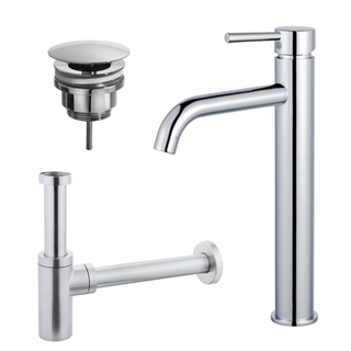 FugaFlow Eccelente Sobrado Kit mitigeur lavabo - robinet rehaussé - bonde nonobturable - siphon design - Chrome brillant