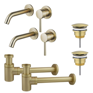 FugaFlow Eccelente Sobrado Slim Kit robinet lavabo - pour double vasque - robinet rehaussé - bonde non-obturable - siphon design bas - Laiton brossé PVD