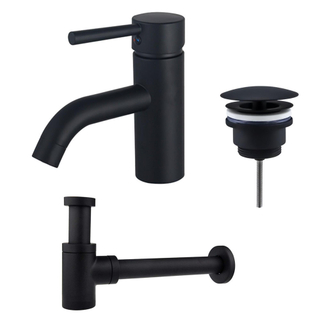 FugaFlow Eccelente Sobrado Kit mitigeur lavabo - robinet bas - bonde non-obturable - siphon design bas - Noir mat