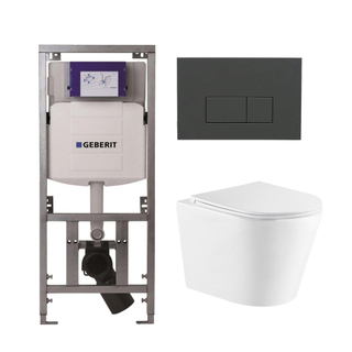 QeramiQ Dely Toiletset - 36.3x51.7cm - diepspoel - rimless - Geberit UP320 inbouwreservoir - met Burda frame - softclose toiletzitting - bedieningsplaat antraciet mat - rechthoekige knoppen - wit mat