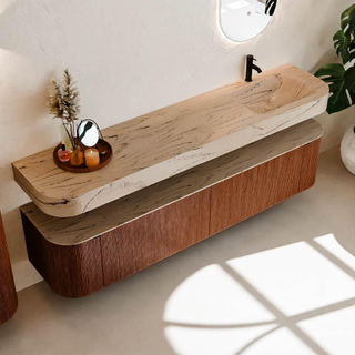 MONDIAZ THOR-DLUX 200cm meuble de salle de bains arrondi gauche + droite couleur Ruby avec 2 tiroirs et 2 portes. Vasque suspendue CLOUD Droite 1 trou de robinet couleur Arena.