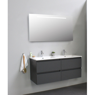 Basic Bella Badkamermeubelset - 120x55x46cm - 2 wasbakken - Keramiek - Wit - 2 kraangaten - Wandspiegel met verlichting - Melamine Antraciet mat