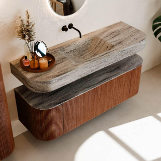 MONDIAZ THOR-DLUX 140cm meuble de salle de bains arrondi gauche + droite couleur Ruby avec 1 tiroir et 2 portes. Vasque suspendue CLOUD Milieu sans trou de robinet couleur Oza.