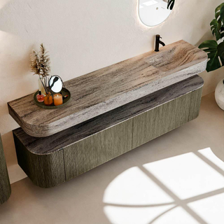 MONDIAZ THOR-DLUX 200cm meuble de salle de bains arrondi gauche + droite couleur Shadow avec 2 tiroirs et 2 portes. Vasque suspendue CLOUD Droite 1 trou de robinet couleur Oza.