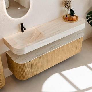 MONDIAZ THOR-DLUX 160cm meuble de salle de bains arrondi gauche + droite couleur Oak avec 1 tiroir et 2 portes. Vasque suspendue CLOUD gauche 1 trou de robinet couleur Meli.