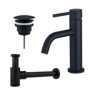 FugaFlow Eccelente Sobrado Slim Slim Kit mitigeur lavabo - robinet bas - bonde non-obturable - siphon design bas - Noir mat