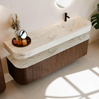 MONDIAZ THOR-DLUX 170cm meuble de salle de bains arrondi gauche + droite couleur Walnut avec 1 tiroir et 2 portes. Vasque suspendue CLOUD Droite 1 trou de robinet couleur Ostra.