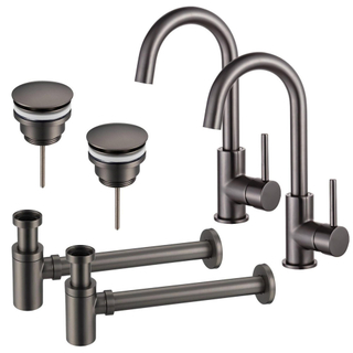 FugaFlow Eccelente Sobrado Kit robinet lavabo - pour double vasque - robinet haut - bec rotatif - bonde clic clac - siphon design bas - PVD