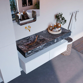 Mondiaz ALAN-DLUX Ensemble de meuble - 130cm - meuble Talc mat - 2 tiroirs - Lavabo Cloud Lava suspendu - vasque Gauche - 0 trous de robinet