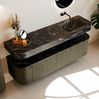 MONDIAZ THOR-DLUX Meuble de salle de bains 170cm arrondi gauche + droite couleur Shadow avec 1 tiroir et 2 portes. Vasque suspendue CLOUD Droite sans trou de robinet couleur Lava.