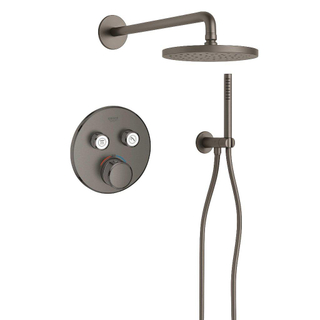 Grohe - Adema Rise Ensemble de douche à effet pluie - rond - coude mural avec support de douchette - flexible de douche lisse - douchette à main - bras mural - pomme de douche de 25 cm - thermostat encastré Grohe SmartControl - graphite dur brossé