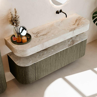 MONDIAZ THOR-DLUX 150cm meuble de salle de bains arrondi gauche + droite couleur Shadow avec 1 tiroir et 2 portes. Vasque suspendue CLOUD Droite sans trou de robinet couleur Frappe.