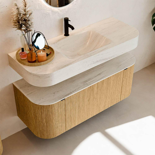 MONDIAZ THOR-DLUX 120cm meuble de salle de bains arrondi gauche + droite couleur Oak avec 1 tiroir et 2 portes. Vasque suspendue CLOUD Milieu 1 trou de robinet couleur Meli.