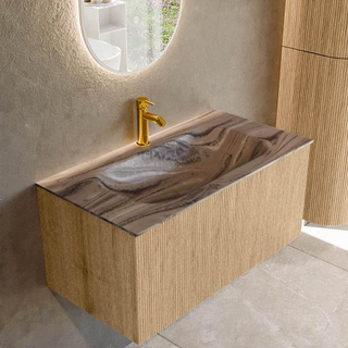 MONDIAZ KURVE-DLUX 90cm badmeubel kleur Oak met 1 lade en 0 deuren. Wastafel BIG SMALL Midden 1 kraangat Sombra.