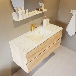 Mondiaz VICA-DLUX ensemble de meuble de salle de bain - 110cm - meuble sous-vasque chêne blanchi - 2 tiroirs - lavabo encastré nuage milieu - 1 trou de robinet - version haute de 60cm - opalo