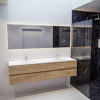 MONDIAZ VICA Ensemble de meuble salle de bain - 200cm - 4 tiroirs - lavabo Cloud double - 2 trous de robinet - solid surface chêne blanchi
