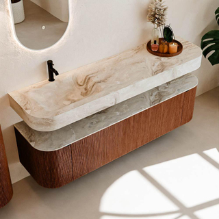 MONDIAZ THOR-DLUX 170cm meuble de salle de bains arrondi gauche + droite couleur Ruby avec 1 tiroir et 2 portes. Vasque suspendue CLOUD Gauche 1 trou de robinet couleur Frappe.