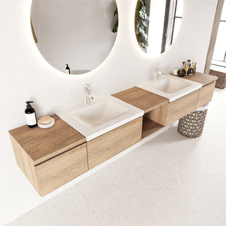 MONDIAZ BUKLA 240cm ensemble de meuble avec module ouvert 40 au milieu couleur Chêne blanchi avec 4 tiroirs. Lavabo CLOUD double 2 trous de robinet couleur Talc.