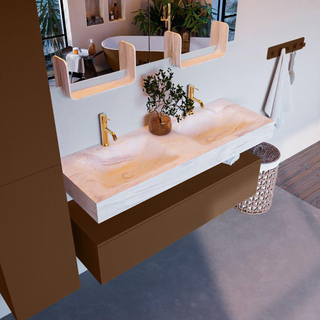 Mondiaz ALAN-DLUX Ensemble de meuble - 130cm - meuble Rust mat - 1 tiroir - Lavabo Cloud Ostra suspendu - vasque Gauche et droite - 2 trous de robinet