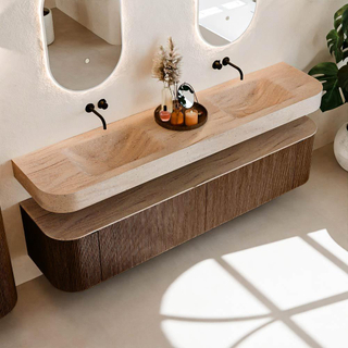 MONDIAZ THOR-DLUX 200cm badmeubel ronding links + rechts kleur Walnut met 2 lades en 2 deuren. Vrijhangende wastafel CLOUD Dubbel zonder kraangat kleur Saba.