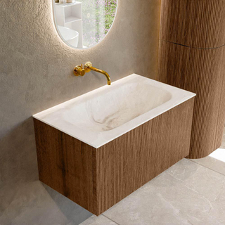 MONDIAZ KURVE-DLUX 80cm Meuble salle de bain - couleur Walnut - 1 tiroir - vasque BIG SMALL centre - sans trou de robinet - couleur Frappe