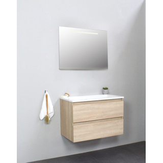 Basic Bella Meuble salle de bains avec lavabo acrylique Blanc 80x55x46cm sans trous de robinet avec miroir et éclairage Chêne