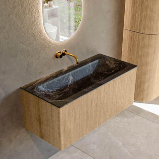 MONDIAZ KURVE-DLUX 100cm badmeubel kleur Oak met 1 lade. Wastafel BIG MEDIUM midden zonder kraangat kleur Lava.