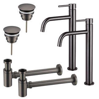 FortiFura Calvi Kit robinet lavabo - pour double vasque - robinet rehaussé - bonde non-obturable - siphon design bas - Gunmetal PVD