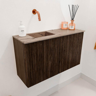Mondiaz JOYA-DLUX 70cm toiletmeubel - kleur Walnut - Wastafel FAYE positie Links Zonder kraangat kleur Arena.