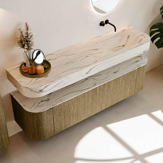 MONDIAZ THOR-DLUX Meuble de salle de bains - 170cm - arrondi gauche + droite - couleur Dusk - 1 tiroir - 2 portes - Vasque suspendue CLOUD droite sans trou de robinet - couleur Nata