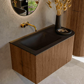 MONDIAZ KURVE 85cm Meuble salle de bain avec module 25 D - couleur Walnut - 1 tiroir - 1 porte - vasque CLOUD gauche - sans trous de robinet - Urban