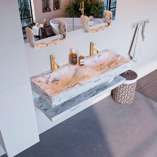 Mondiaz ALAN-DLUX Ensemble de meuble - 120cm - meuble Glace mat - 0 tiroirs - Lavabo Cloud Glace suspendu - vasque Gauche et droite - 2 trous de robinet