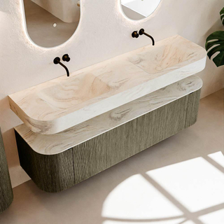 MONDIAZ THOR-DLUX Meuble de salle de bains - 170cm - arrondi gauche + droite - couleur Shadow - 1 tiroir - 2 portes - Vasque suspendue CLOUD Double sans trou de robinet - couleur Ostra